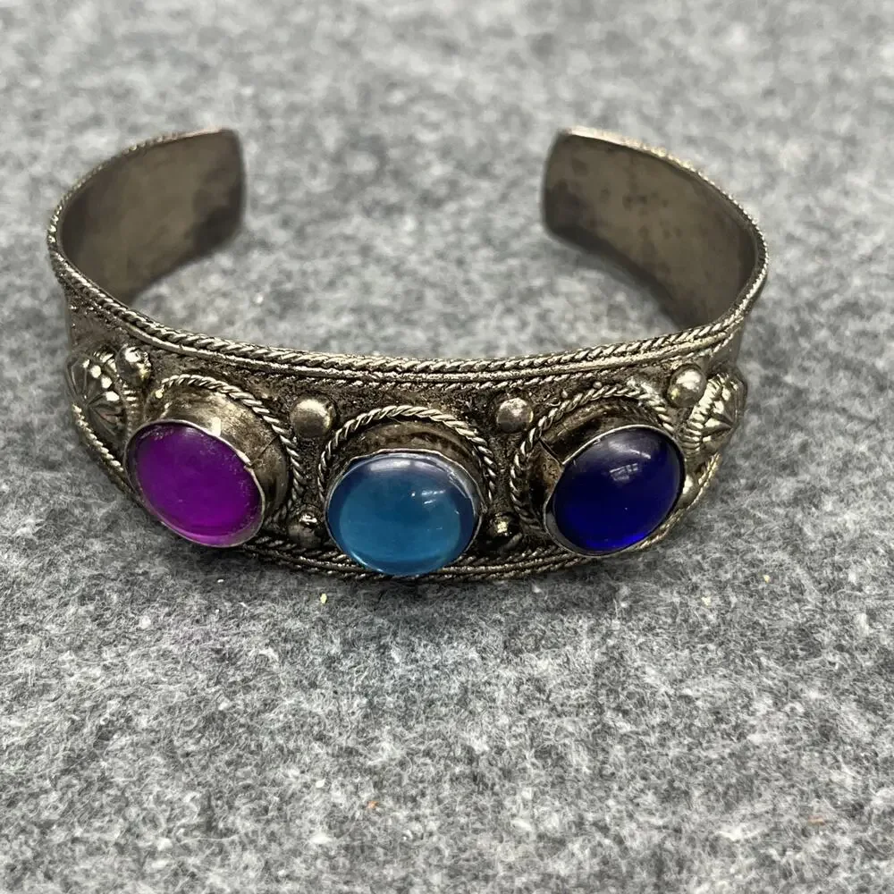 Vintage Tibetan Silver Cuff Bracelet Blue Purple Cabochon Glass Ethnic Bohemian